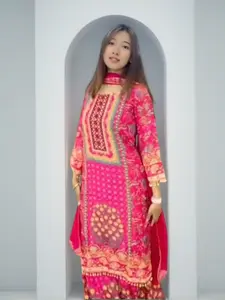 Women's Premium Chinnon Silk Digital Print Ethnic Palazzo Suit Set, Matching with Real Mirror Work, Lace Border Dupatta, Casual, Comfortable for Elegance
