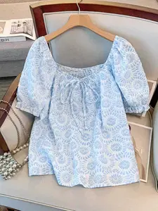 Breathable Jacquard Fabric Daisy Top, Square Neck Off-Shoulder Bubble Short Sleeve, Front Drawstring Design, Casual Daily Wear