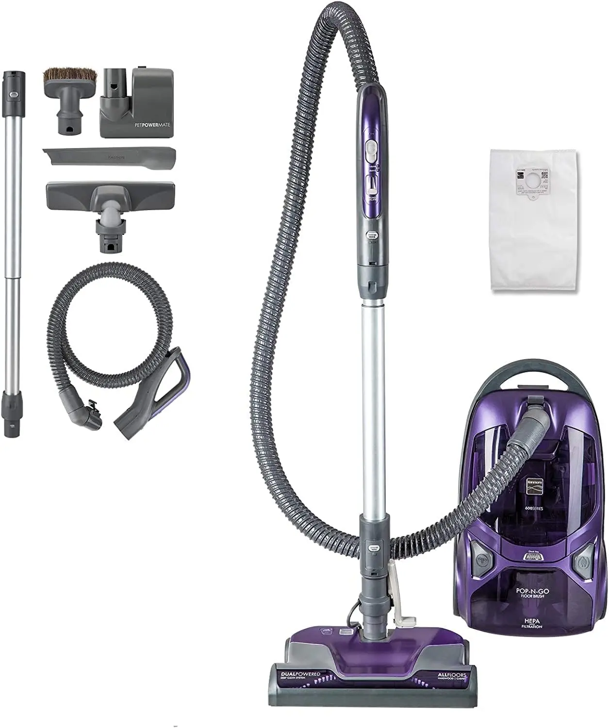 Kenmore Lightweight Bagged Corded Cylinder Vacuum Portable Cleaner - Extendable Aluminum Wand, AC-Powered, 2 Motors, HEPA Filter, Pet PowerMate, Pop-N-Go Brush, Retractable Cord, 4 Cleaning Tools (Household Appliances), Garage, Cylindrical