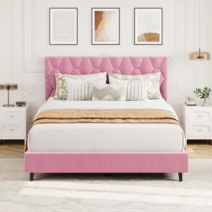 Pink Full Size Upholstered Platform Bed Frame with Adjustable Upholstered Headboard, Heavy-Duty Design with Strong Legs and Wooden Slats, No Box Spring Needed, Noise-Free, Easy Setup