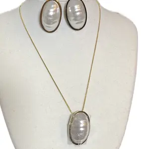 Gold Plated Pearl Earrings and Necklace Set with Unique Design - Collection Jewelry Accessory