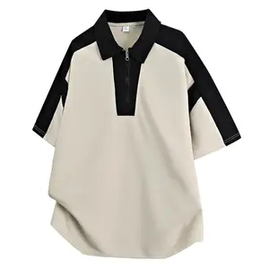 Men’s summer new arrival: color-block contrast polo shirt, loose casual T-shirt; couple matching heavyweight, high-quality raglan drop-shoulder loose summer polo short sleeves with a half zip placket design.