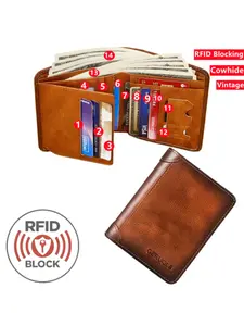 Men's Genuine Leather Wallet RFID Blocking Bifold Ultra-Thin Top Layer Cowhide Short Multifunctional Vintage Style ID Credit Card Holder Christmas Gift
