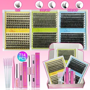 BamyLash 714pcs Lash Clusters Kit D Curl 5 Styles Natural Volume Lashes Set with Eyelash Glue, Bond & Seal Remover Tweezers Brushes 10-18mm Eyelash Extensions Perfect for Beginners & Proficient DIY Lashes at Home