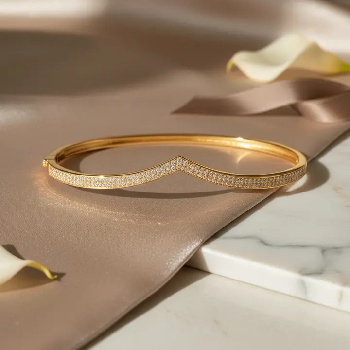 Simple Gold Bangle | Minimalist Diamond Wishbone Bracelet for Everyday Wear | V Shape Cuff Bracelet