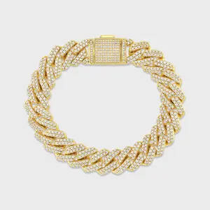 IMPERIUM JEWELRY 14 Karat Gold Plated 12mm Iced Prong Cuban Link Elegant Jewelry Bracelet - Bold, Classic Design, Sparkling Lab-Made Cubic Zirconia CZ Diamonds, Daily Fashion Costume Accessory
