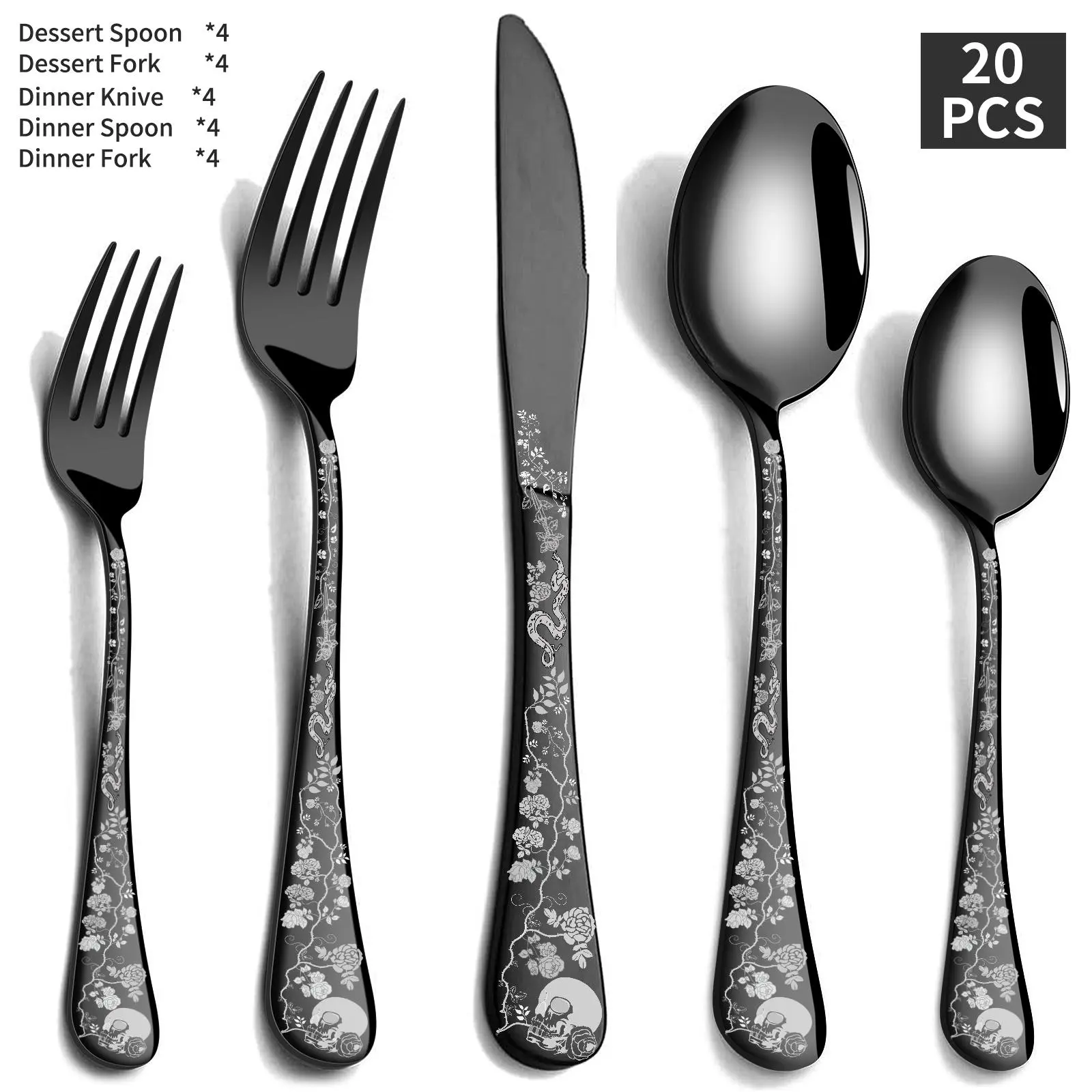 Stainless Steel Cutlery Set, 5/20pcs Gothic Black Skull & Rose Design Dinner Knife/Fork/Spoon/Dessert Fork, Dinnerware Service Set, Tableware Set, Utensils, Ideal Gift for Halloween, Day of the Dead