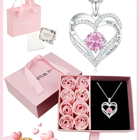 Mother's Day Gift Rose Flower Gift Box Set with Birthstone Heart Necklace, Love Heart Necklace, Perfect for Mom Daughter Girlfriend Wife Birthday Christmas Valentine's Day Exquisite Chain Jewelry, Modern Versatile Accessories, Jewelry Gifts