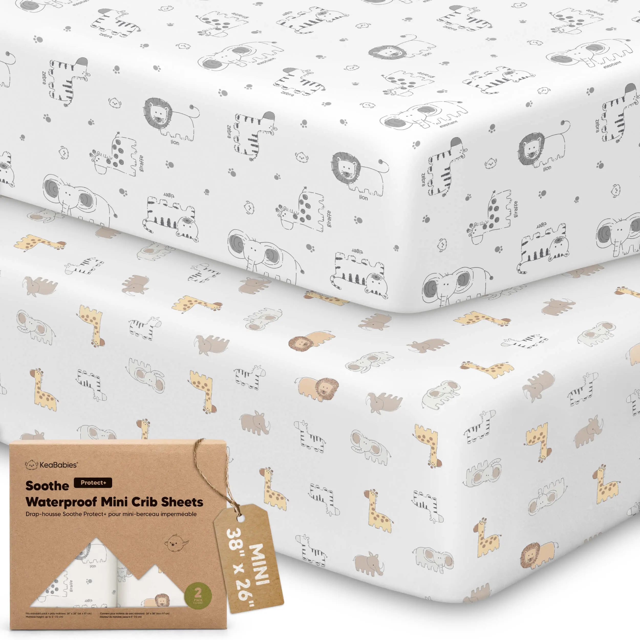 2 Pack and Play Sheets, Waterproof Mini Crib Sheets Fitted - 38x26 Organic Cotton Pack N Play Sheets for Graco Pack and Play Mattress,Playard Baby Crib Sheets,Neutral for Boy,Girl,Toddler