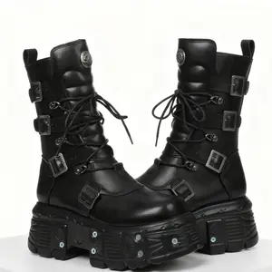 EROCALL  Cyberpunk Motorcycle Boots for Women Small Height Increasing Thick Bottom Booties 6-12.5 Extra Large Shoe Size Fashionable Black Leather Shoes with Buckle Detail Cowhide Upper Microfiber Lining