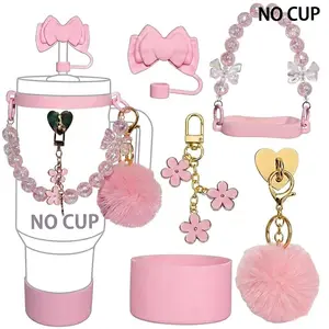 7pcs Cute Cup Accessories Set Straw Spout Lid Bow Straw Cap Topper Drinkware Lid Pom-Pom Bead Chain Flower Charm & Silicone Sleeve Boot for 40oz/30oz Tumbler Kawaii Drinkware Gift for Women Straw Toppers Reusable Drinkware Covers
