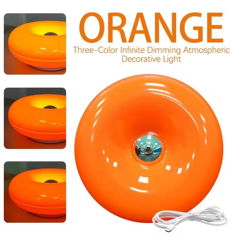 Retro Orange Donut Decorative Table Lamp, 3-Color Dimmable Atmosphere Lighting, Portable LED Desk Lamp for Outdoor Camping & Bedroom, Adjustable Lights, Compact, Retro Donut Shape, Usb-C Power, Dimmable Lights, Desk Placement, Led Lights