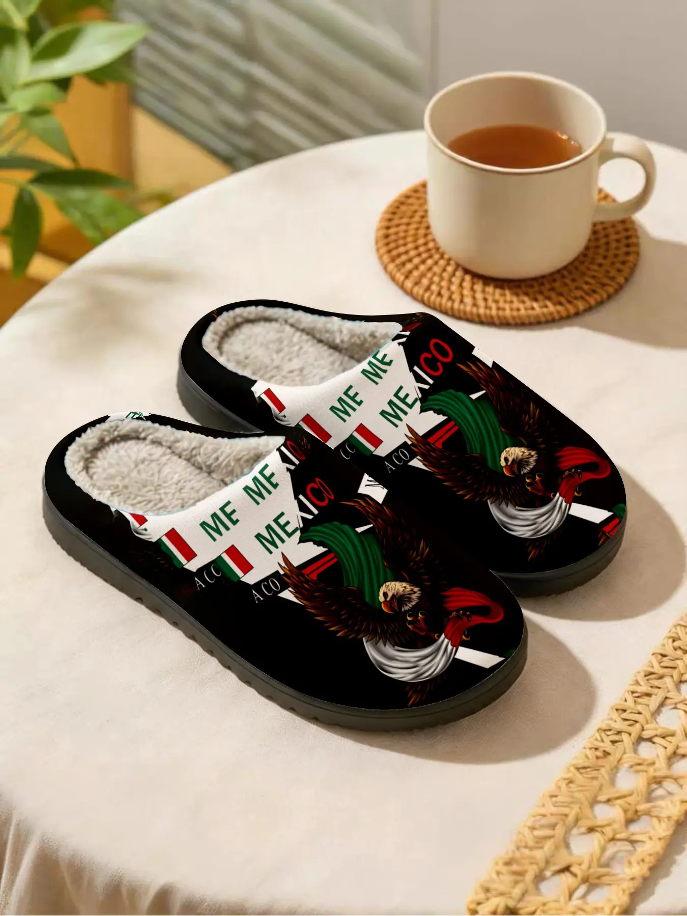 Mexican Eagle Print | Bold Ethnic Vibe | 1 Pair | Warm Plush Lining, Anti-Slip, Quiet Sole | Cozy House Slippers | Home lounging, winter warmth, mornings & nights, living room, bedroom, couples, gift