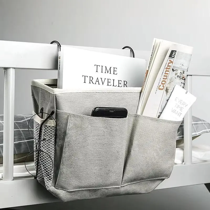 1pc Bedhead hanging basket Cotton and linen fabric Bedside sofa hanging storage bag Bedside shelf Dormitory and apartment storage interior storage organizer