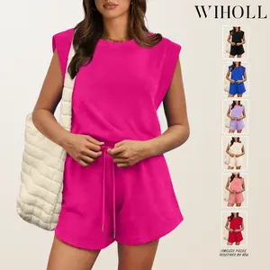 WIHOLL Rompers for Women Summer Cap Sleeve Adjustable Drawstring Waistband Crewneck Casual Outfits with Pockets