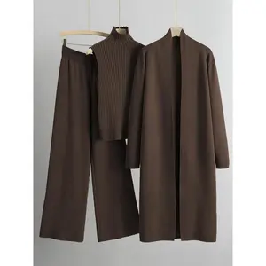 Women'sPlainCasualTrendyKnitMockNeckTankTop&WideLegTrouserswithOpen-frontLongCardiganThree-pieceSets,Co-ordSets