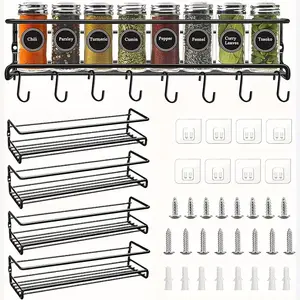 4-Pack Wall-Mounted Spice Rack Organizers - Black Matte Steel Hangers for Kitchen/Pantry - Space-Saving, Durable & Heavy-Duty - Easy Installation - Ideal for Spices & Small Tools