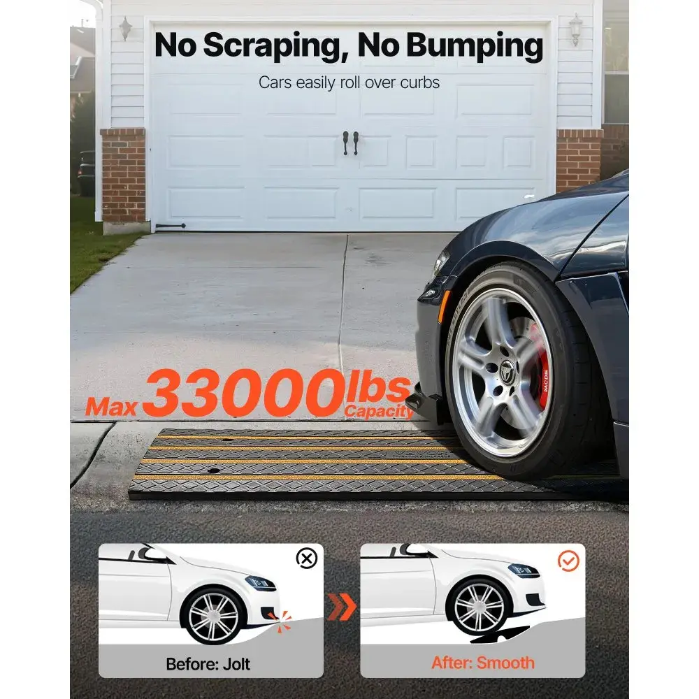 【summerfinds】VEVOR Car Driveway Rubber Curb Ramp (1 Pack) - 33069 lbs Load Capacity, 2.6 in Rise, Anti-Slip Cross Pattern, Pre-Drilled Holes, Yellow Reflective Strips, Universal Fit, Easy to Clean, for Warehouse, Garage, 15 Tons