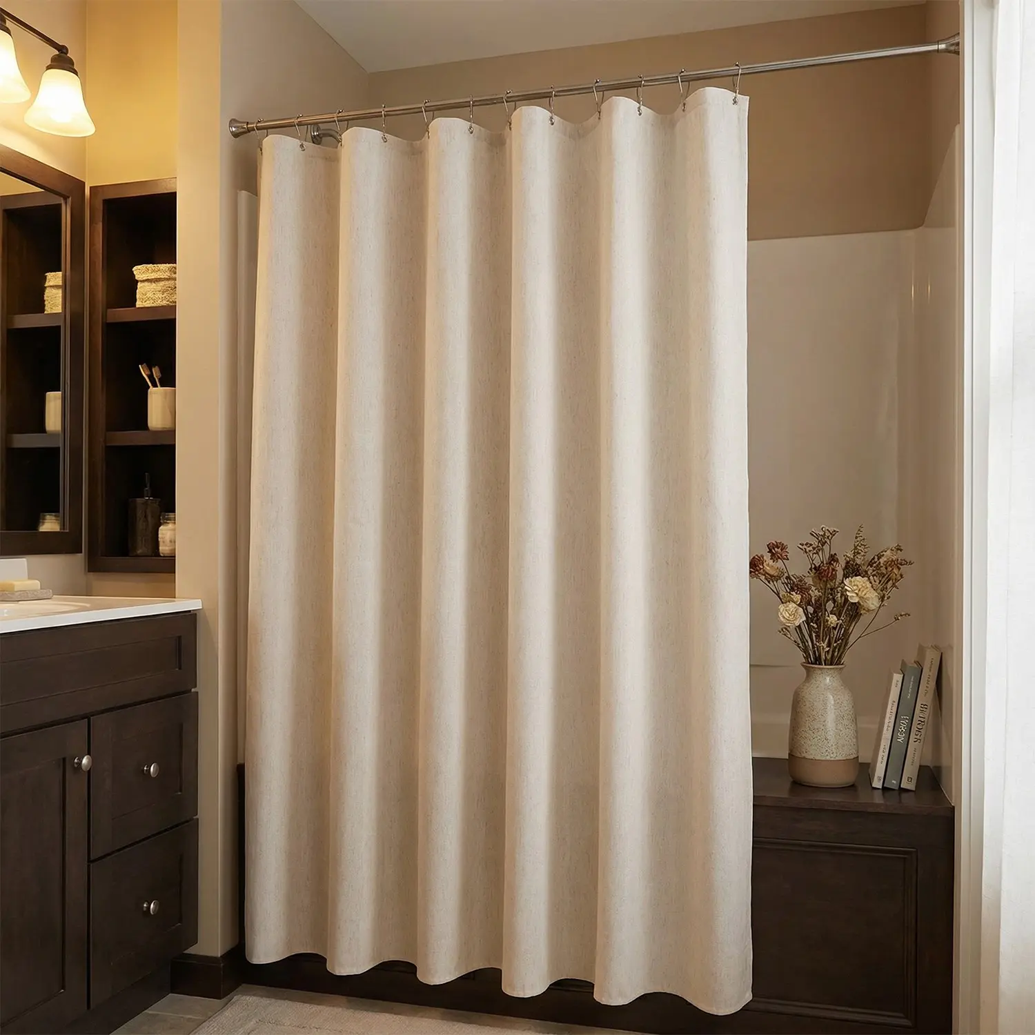 Waterproof Aesthetic Shower Curtain Set, Elegant Solid Color Decorative Design, Includes 12 Metal Hooks, Ideal Bathroom Decor for All Seasons Decoration, Home Goods, Removable Shower Curtain