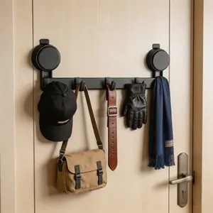 Renter Friendly No Drill Suction Cup Hooks, 5 Heavy Duty Matte Black Wall Hanger, No Damage No Residue Removable Reusable Door Hooks for Coats Bags Hats Towels
