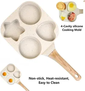 Multifunctional Non-stick Egg Frying Pan – 4 Holes Skillet with Wooden Handle, Medical Stone Omelet Maker for Breakfast Cooking, Durable, Easy to Clean.
