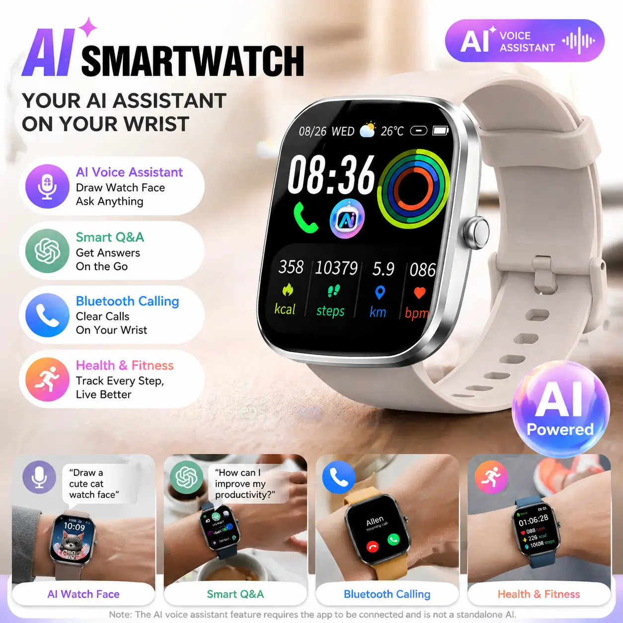 [Summervibes] Tukio 2026 New Smart Watch with AI ChatGPT AI Assistant, 1.91" HD Display, 112+ Fitness Activity Tracker, Heart Rate Monitor, Sleep Monitor, Step Counter, Bluetooth Calling, IP68 Waterproof, for Android & iOS - Monitoring