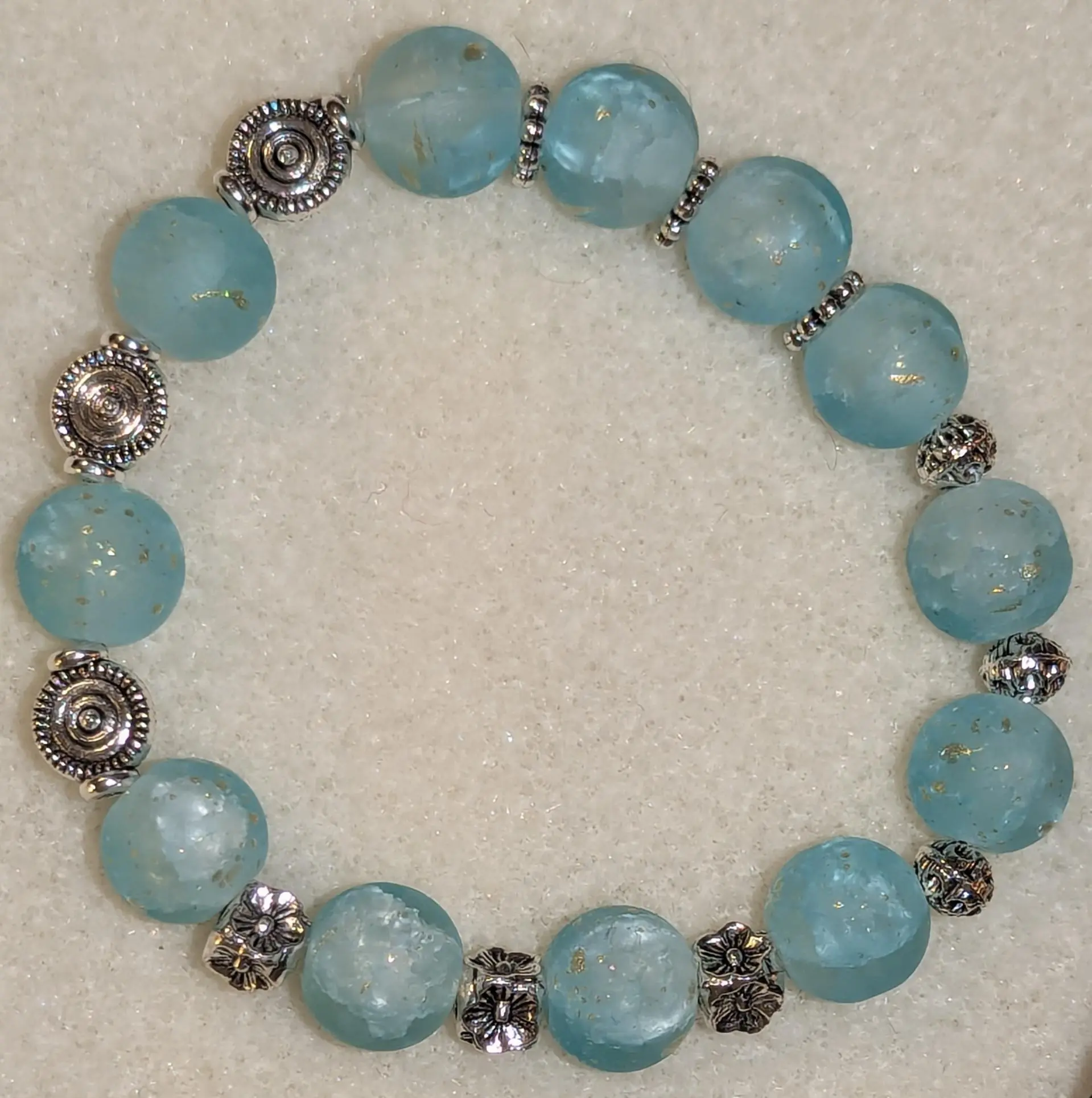 007-Teal Gold Crackle Handmade Bracelet with Cute Silver Accents - Unique Daily Wear Jewelry Accessory