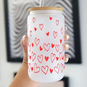 Confetti Hearts Valentine's Day 16oz Glass Can Cup with Lid and Glass Straws