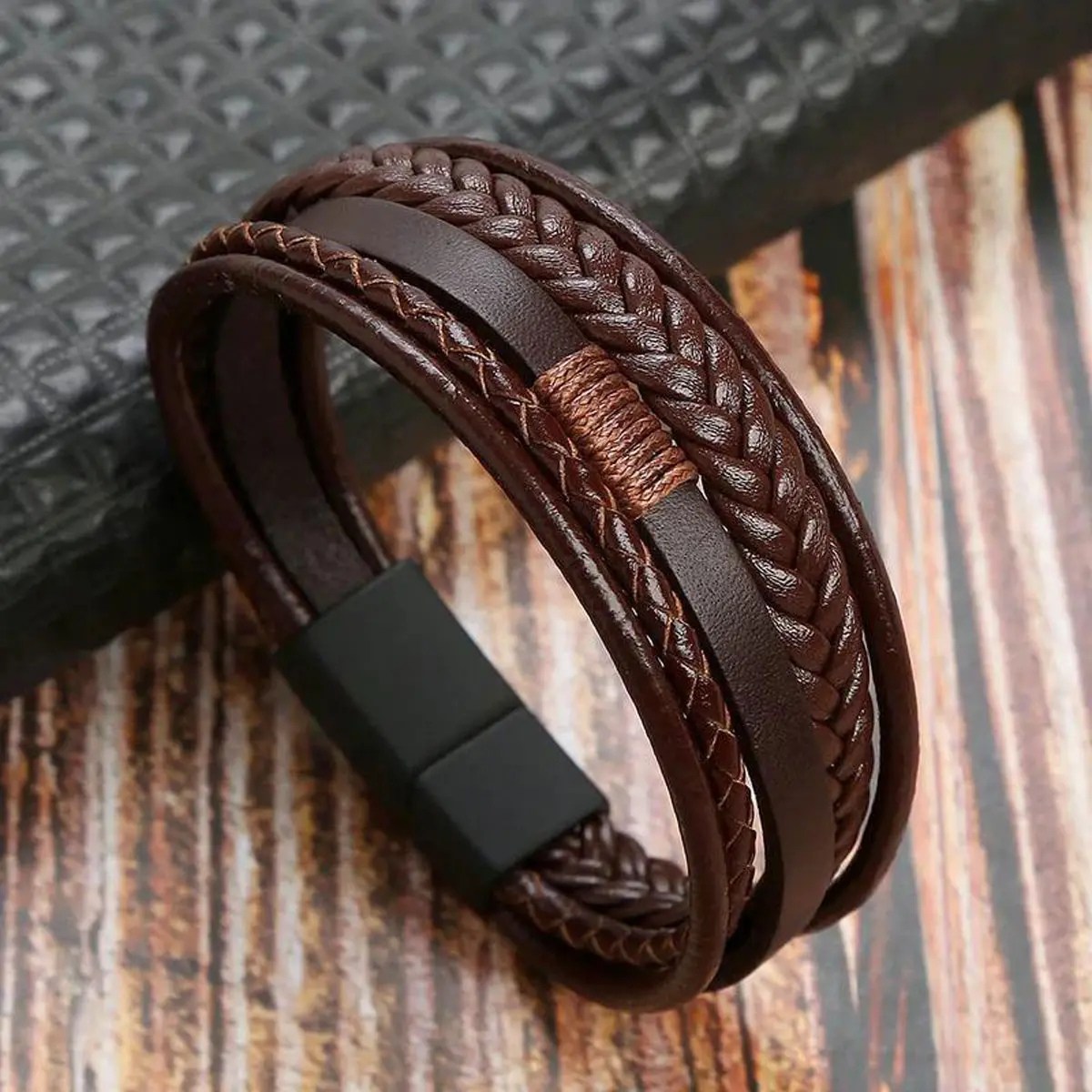 Mens Cowhide Braided Leather Bracelet with Stainless Steel Clasp Layered Splicing Bangle Cuff in Black & Brown for Dad Husband Brother