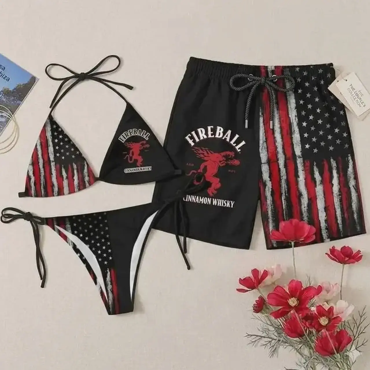 Patriotic Couple Swimwear, Fireball American Flag Matching Bikini & Men's Swim Shorts, His and Hers 4th of July Swimsuit Set