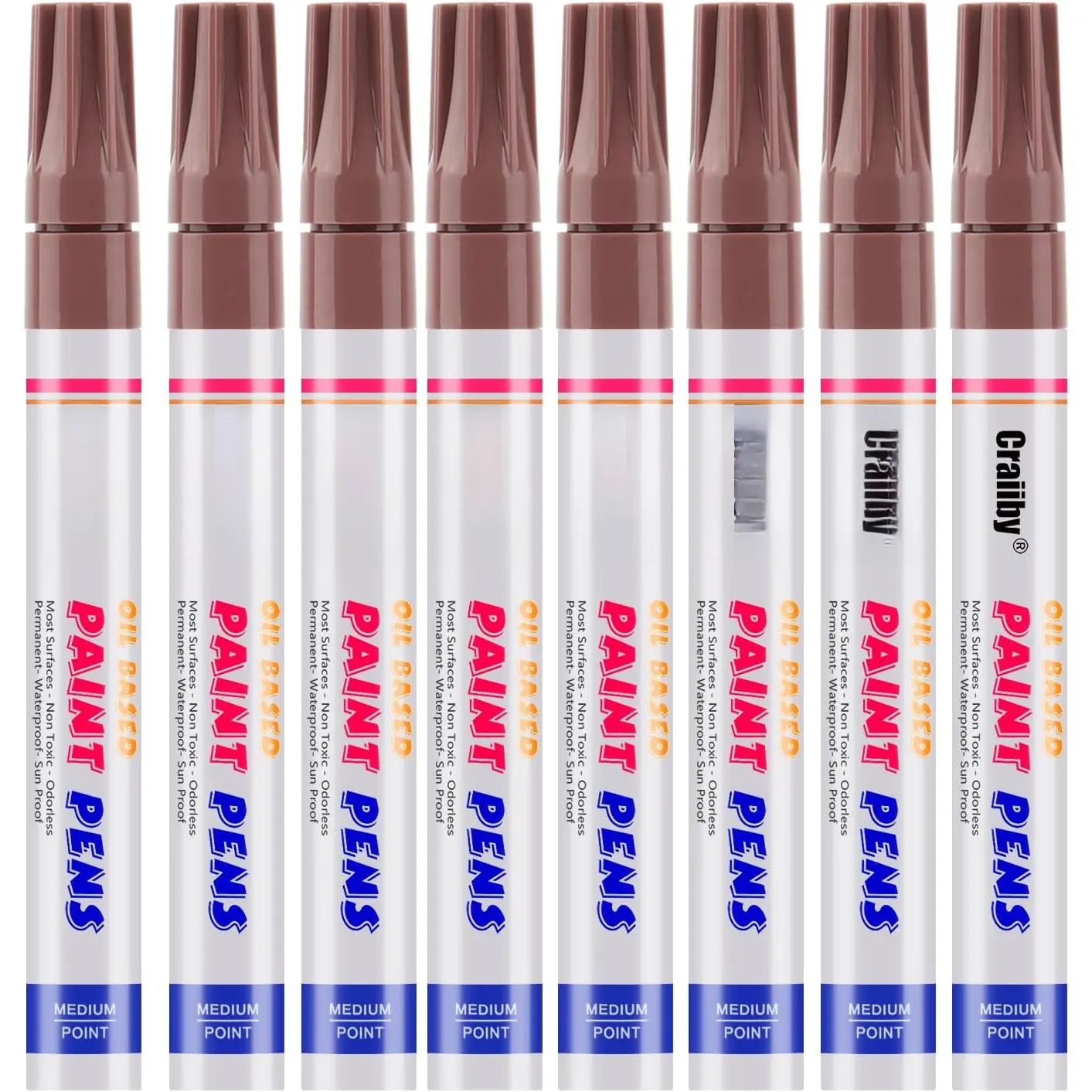 Brown  Markers, 8 Pack Oil-Based  Quick Dry Permanent  Pen Set for Rocks Painting, , Fabric, Plastic, Canvas, Glass, Mugs, Metal, Tire, Stone, DIY Craft