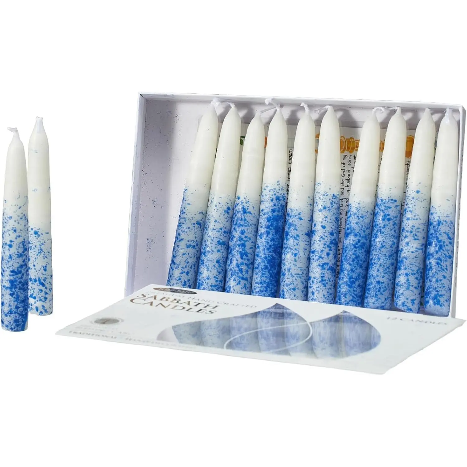Blue & White Shabbat Candles Premium 12 Pack Traditional Dinner Table Jewish Household Shabbos Candles Religious Home Decor with Beautiful Gift Box & Artistic Card