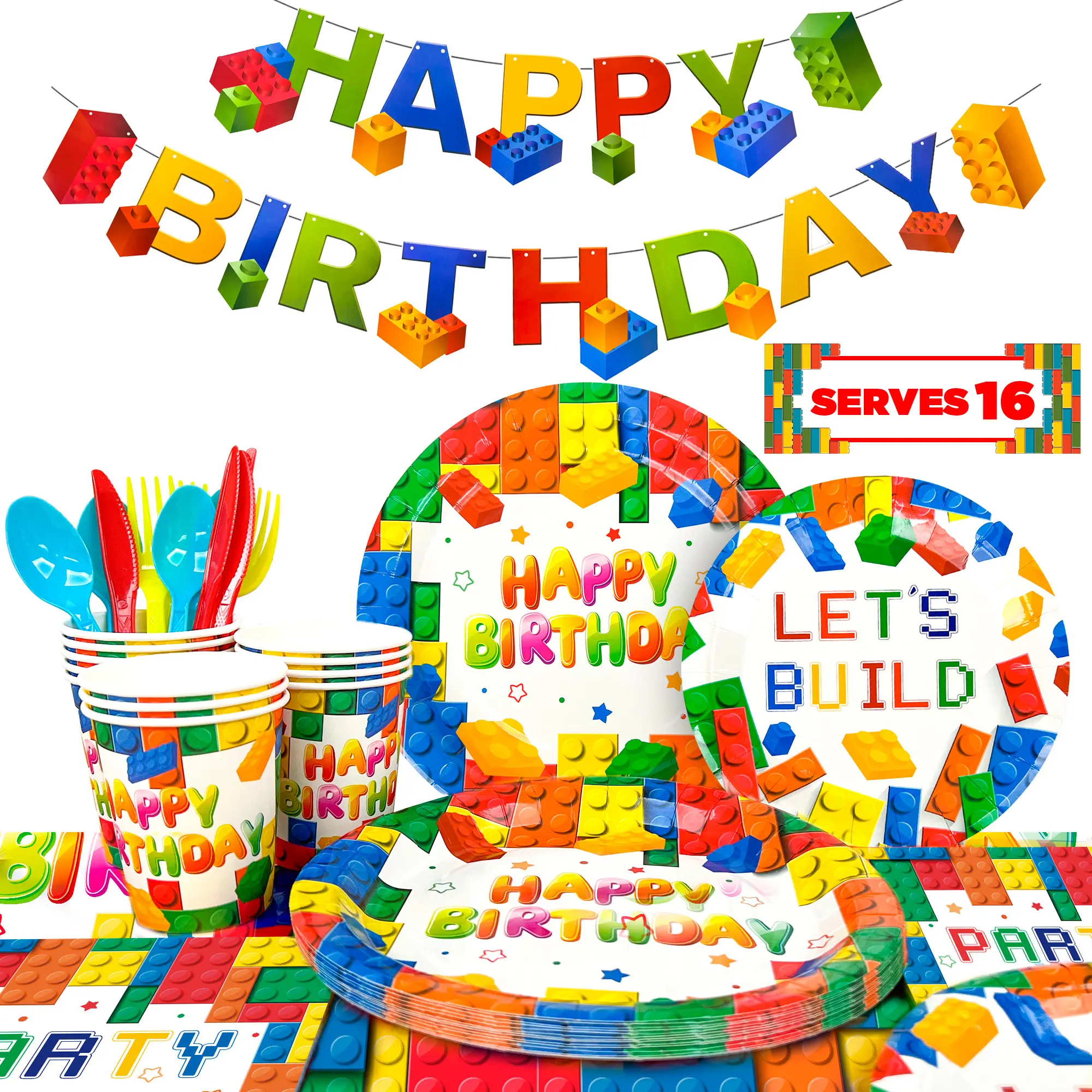 Building Blocks Birthday Party Supplies-133pcs Building Blocks Party Tableware set Building Block Party Plates Napkins Tablecloth Banner etc Colorful Building Block Party Supplies for kids Boys/Girls