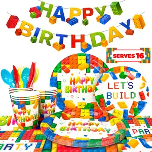 Building Blocks Birthday Party Supplies-133pcs Building Blocks Party Tableware set Building Block Party Plates Napkins Tablecloth Banner etc Colorful Building Block Party Supplies for kids Boys/Girls