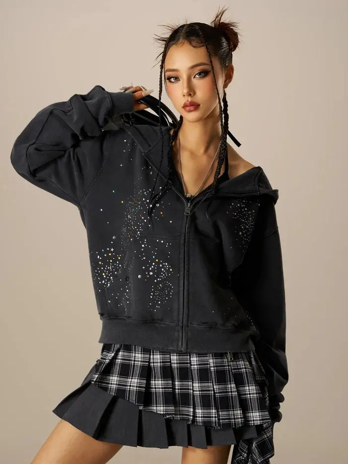 AELFRIC EDEN Unisex 2000s Aesthetic Streetwear Hoodie, Oversized Vintage Washed Cotton Graphic Zip Up with Rhinestone Star, Style