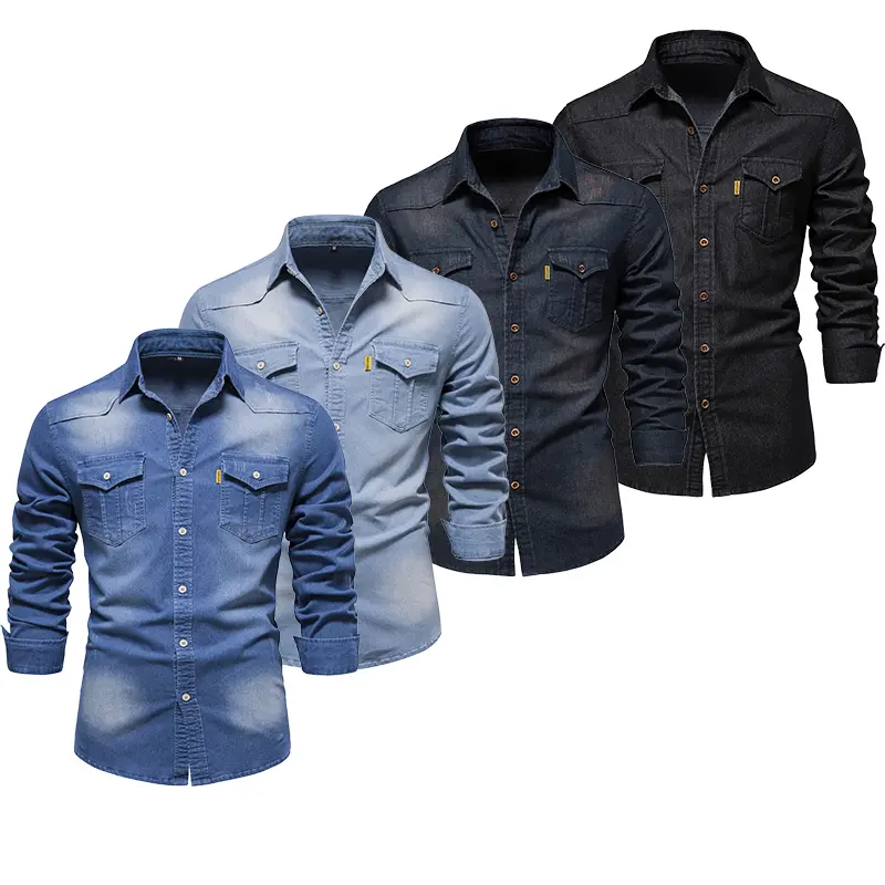 Men's Vintage Wash Chambray Collared Long-Sleeve Shirt - Lightweight Breathable Blue Fitted Casual Top for Street Style, Longsleeves, Shirts, Chic, Retro, Cotton, Vintage Wash Vibe, Business, Sporty Chic, Button Down