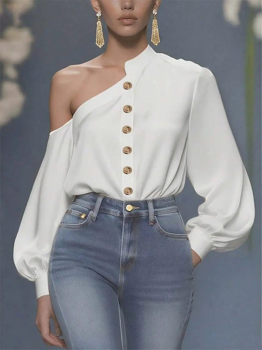 Woven Fabric One Shoulder Long Sleeve Shirt, With Gold Buttons, Elegant Regular Women's Blouse White Spring