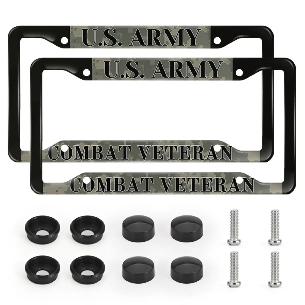 2pcs US Army Themed License Plate Frame, Camo Print "U.S. ARMY COMBAT VETERAN" Pattern, Easy to Install-Anti Rust, Military Style Memorial Car Plate Frame with Screws and Caps Accessories, Car Accessories for Truck SUV, for Men/Women/Army