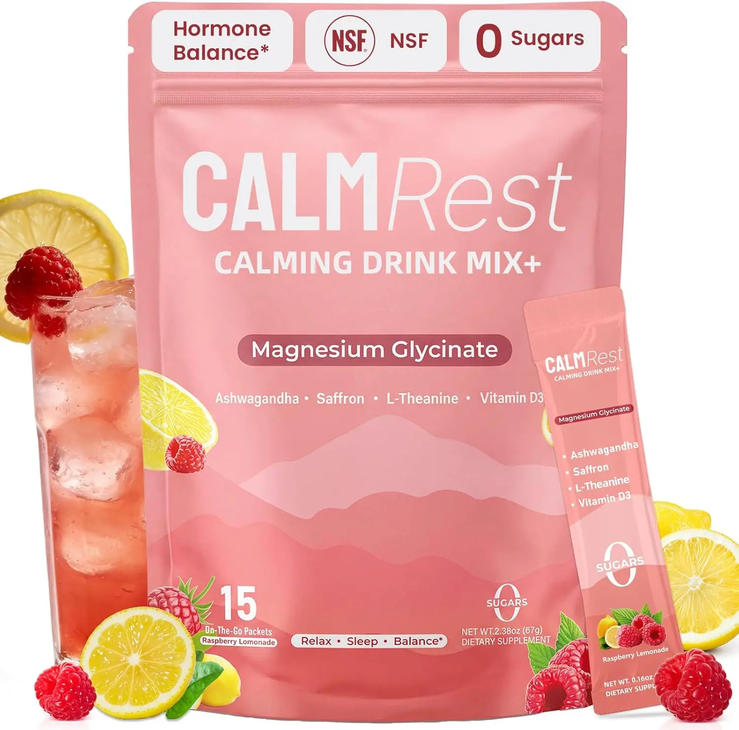 Calm Magnesium Powder Cortisol Supplement for Women, Hormone Balance Support* for Sleep & Relax Supports, No Sugar, Raspberry Lemonade,15Ct