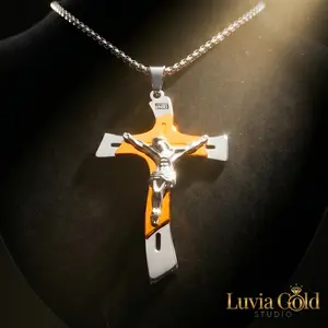 Premium Men's 3-Layer Welded Crucifix Necklace High Polished Waterproof Stainless Steel 3D INRI Cross Pendant with 24" Venetian Chain Heavy Duty Catholic & Christian Faith Jewelry Gift