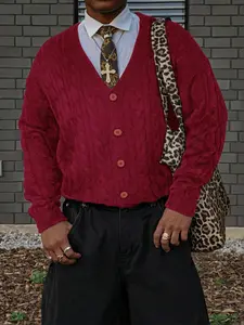 Men's V-Neck Long Sleeve Cardigan Sweater, Casual Loose Fit Knitwear for Spring & Fall, Street Style American Fashion