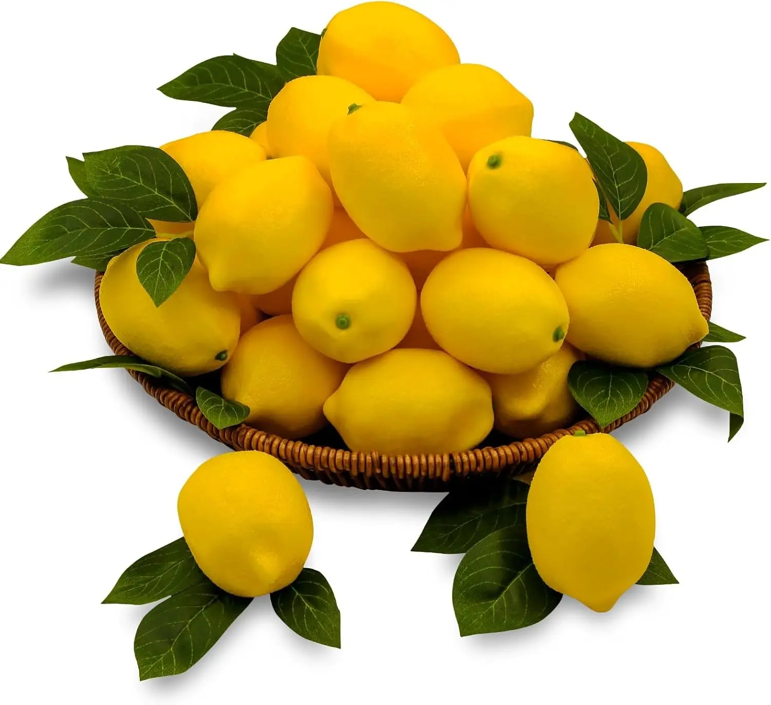 20Pcs Fake Lemons Artificial Fruits with 25 Leaves Faux Yellow Lifelike Plastic Lemon Decorations Realistic Limes for Home Kitchen Table Cabinet Holiday Party Photography Props