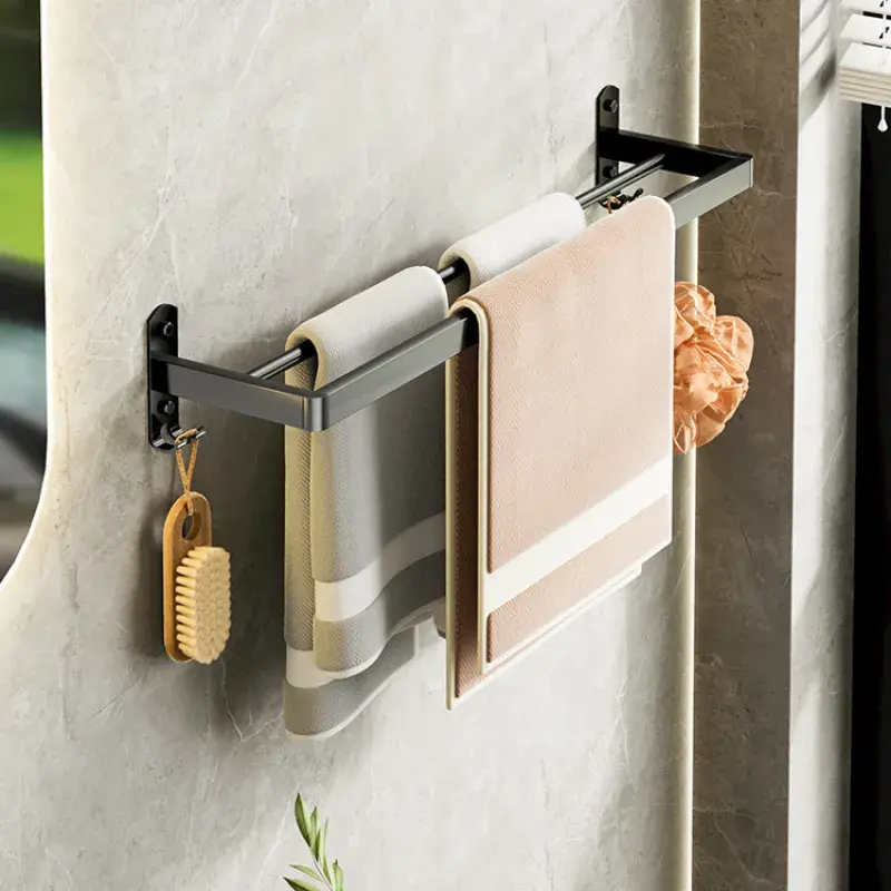 Black Matt Towel Rail with Hook Design 30cm Stainless Steel Towel Holder for Bathroom Bedroom Living Room No Drilling Required Modern Style