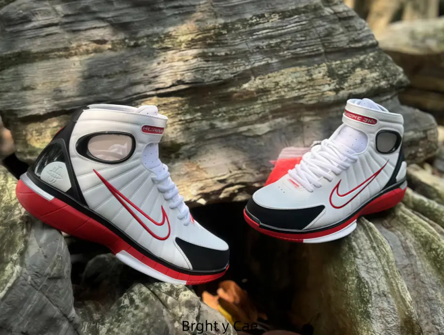 White Leather High Top Basketball Sneakers Black Toe Cap Red Graphic Hollow Heel Dual Color Cushion Sole