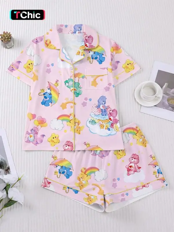 Cute Bear Print Pajama Set for Women, Cartoon Button Front Sleepwear, Short Sleeve PJ Top, Elastic Waist Shorts, Homewear