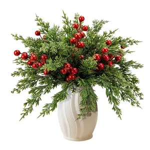 45Pcs Artificial Pine Branches, Lightweight Faux Evergreen Norfolk Pine Cypress Leaves Stems with Red Berries, Christmas Decor for DIY Wreath Garland Christmas Tree, Home Decorations