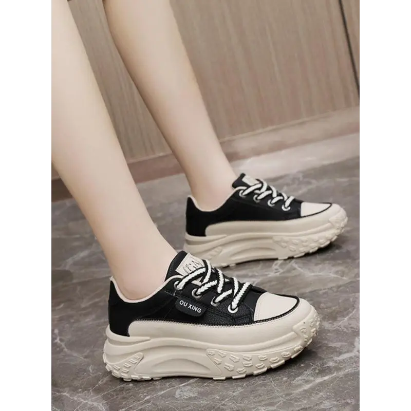 Women's Lace-Up Platform Sports Shoes - Breathable Round-Toe Rubber EVA Fabric Comfort Footwear for Daily Walking & Training, Black Closed Walking Shoes