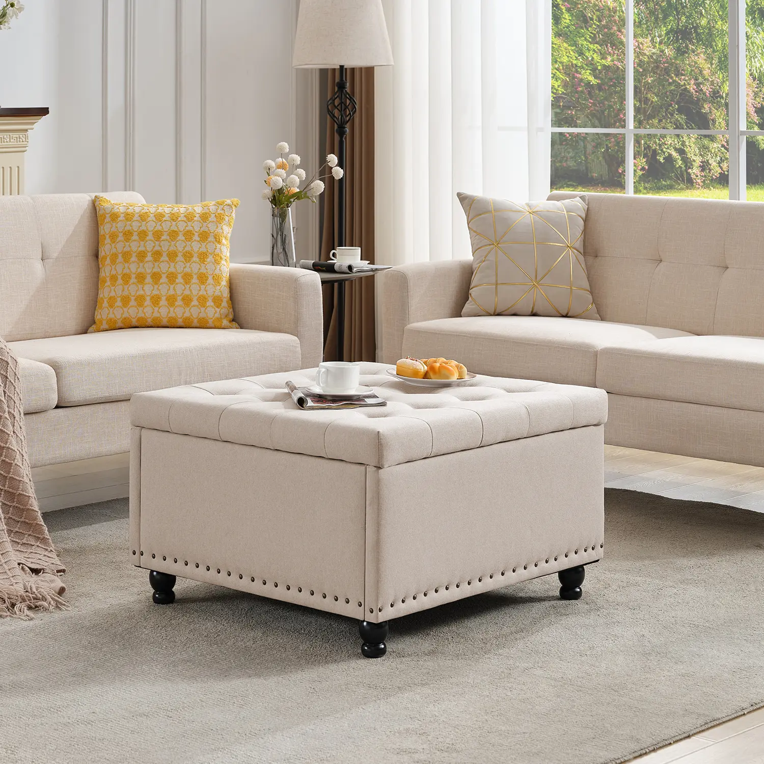 Tbfit Tufted Upholstered Ottoman Bench - Traditional Linen Fabric Multipurpose & Space Saving Furniture, 30" Width Hidden Storage Toy Box with Wooden Legs, 300 lbs Capacity Quick Setup Footstool for Living Room (Assembly Required)