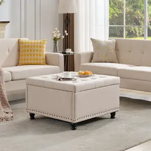 Tbfit Traditional Large Linen Storage Ottoman Bench - Tufted Coffee Table Ottoman with Hidden 30" Storage Space, Wooden Legs, Toy Box, Footrest for Living Room