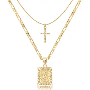 KISSYAN Gold Layered Initial Cross Necklace, 14K Gold Plated Layering Square Letter Pendant Figaro Chain Cross Choker from A-Z Capital Jewelry for Women Girls TikTokShopBlackFriday
